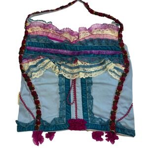Handmade Boho Corset Halter Top Blue Corduroy Lace Floral Embellished Whimsigoth